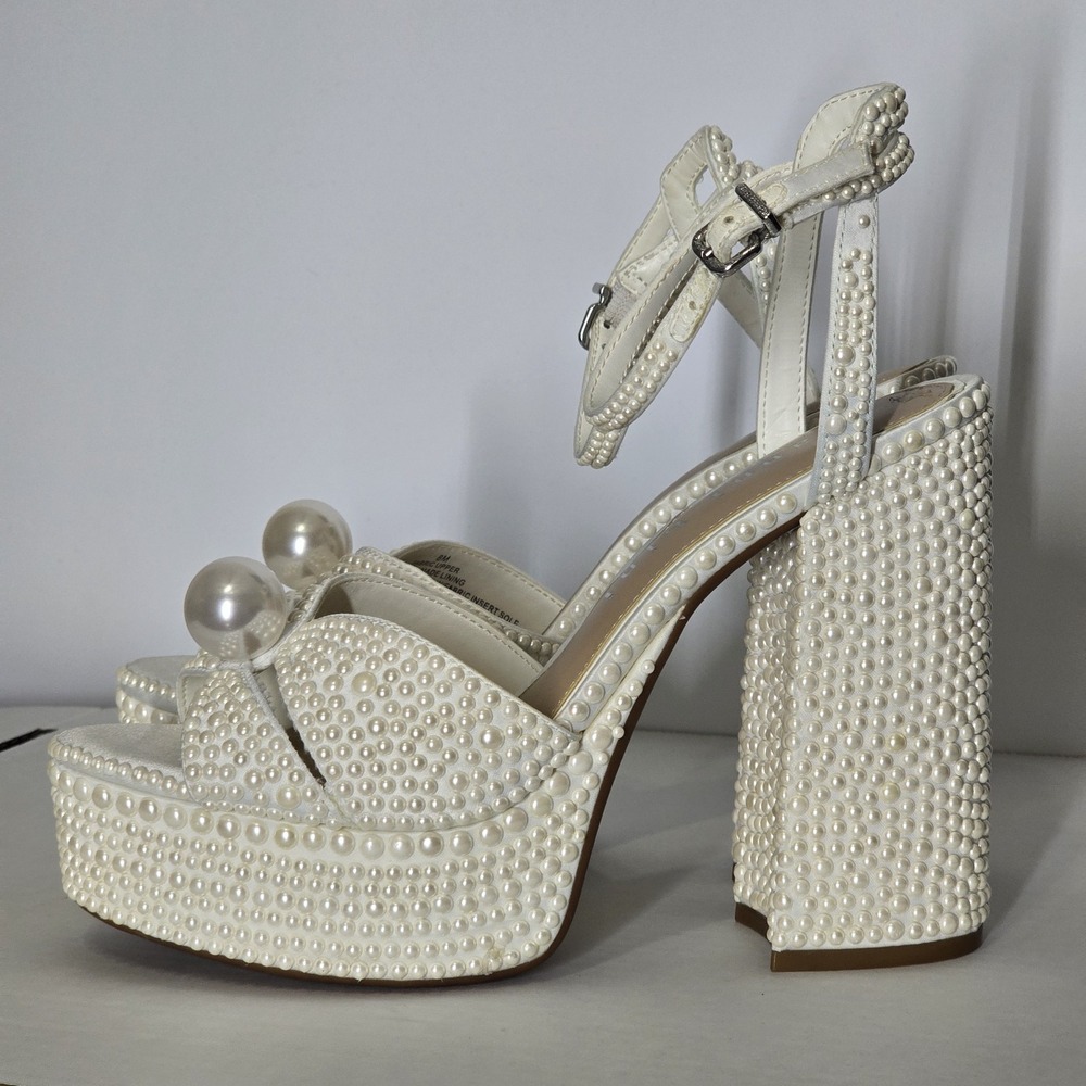 Gianni Bini Chunky Pearl Platform Block Heel Sandals Ivory Ankle Strap Women's 8
